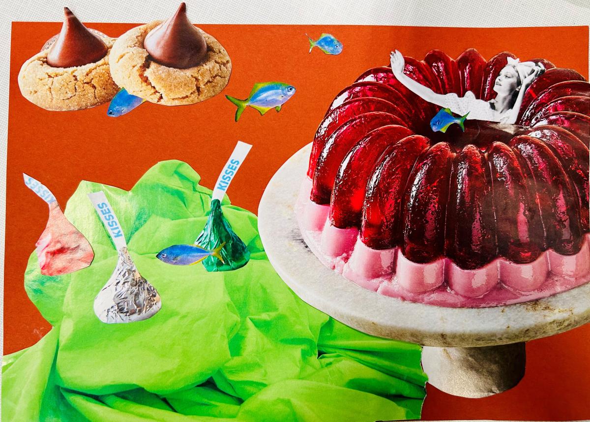 Surreal collage featuring jello cake, hershey kisses and lime green sheets