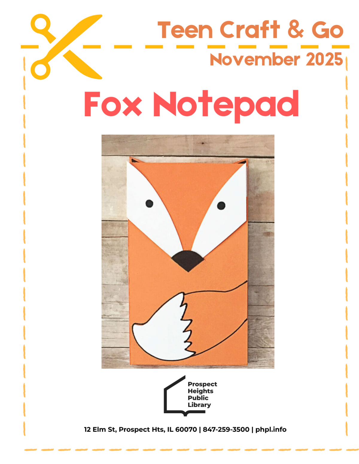 Text stating Teen Craft and Go Fox Notepad. Shows an image of a fox shape notepad.