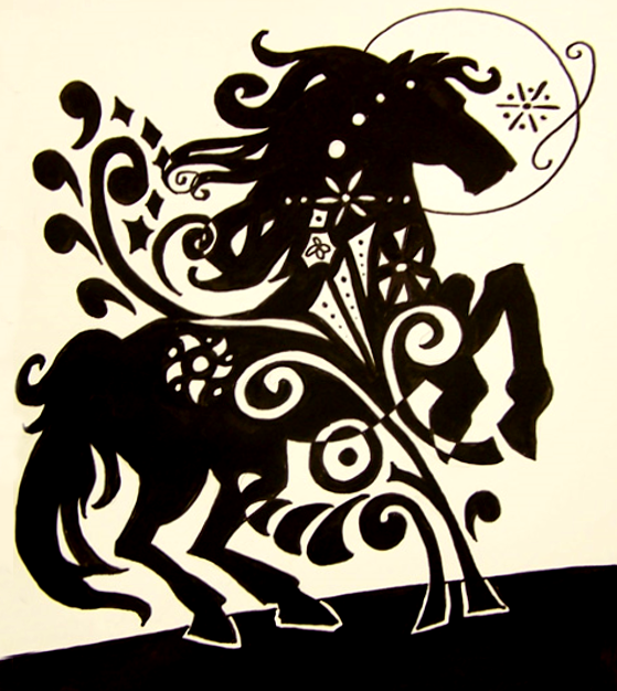 Inked horse with decorative florals
