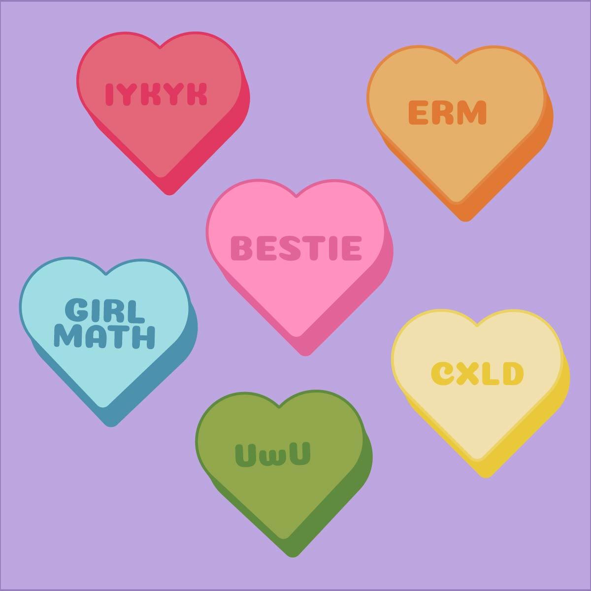 Picture of candied hearts with sayings like uwu, bestie, iykyk, girl math, etc.