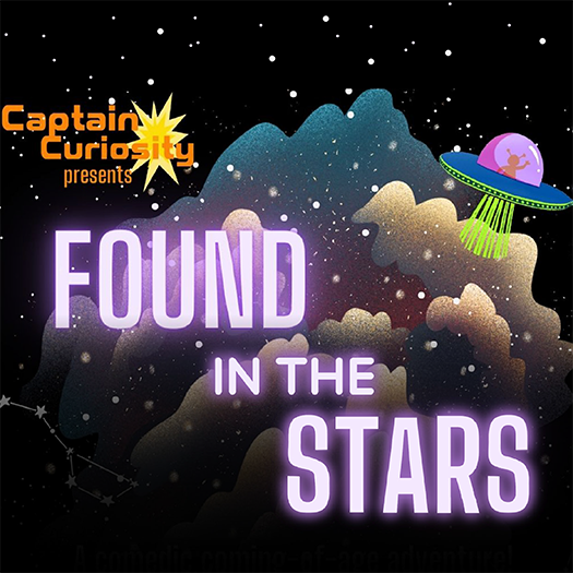 Illustration of a starry sky with a little alien spaceship and text that says found in the stars