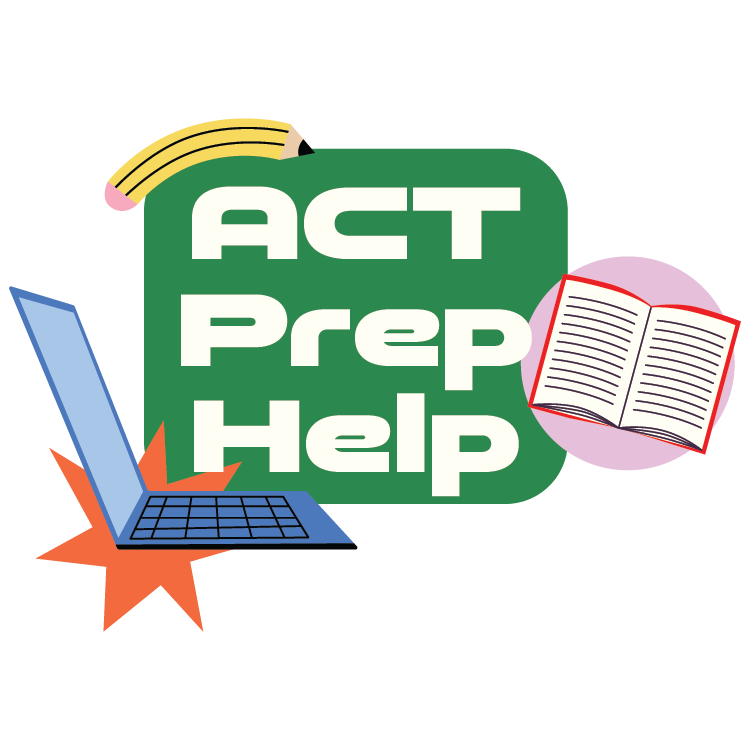 An image of a laptop book and pencil surrounding text stating ACT Prep Help