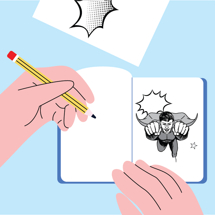 Image of a person drawing a superhero in a journal