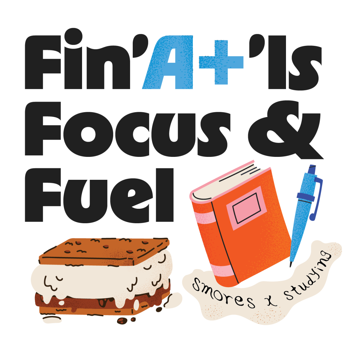 Finals focus and fuel. Gooey s'more along with a book and pencil.