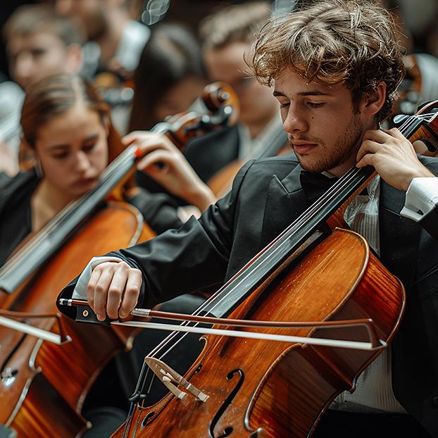 Musicians perform in symphony orchestra.