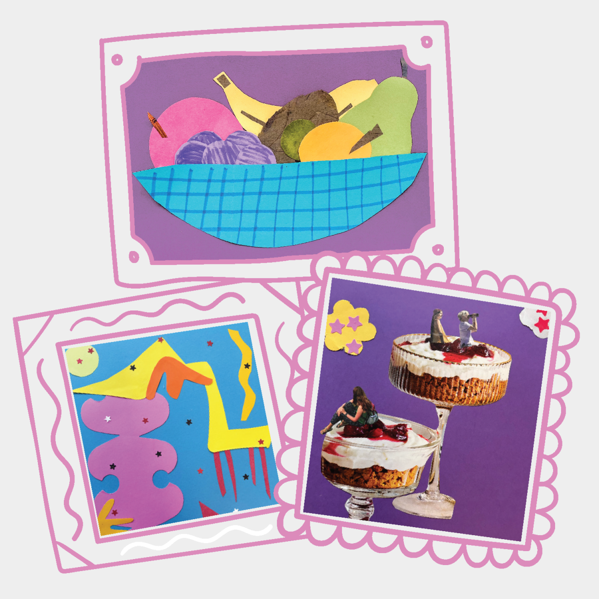 Three examples of framed collage art