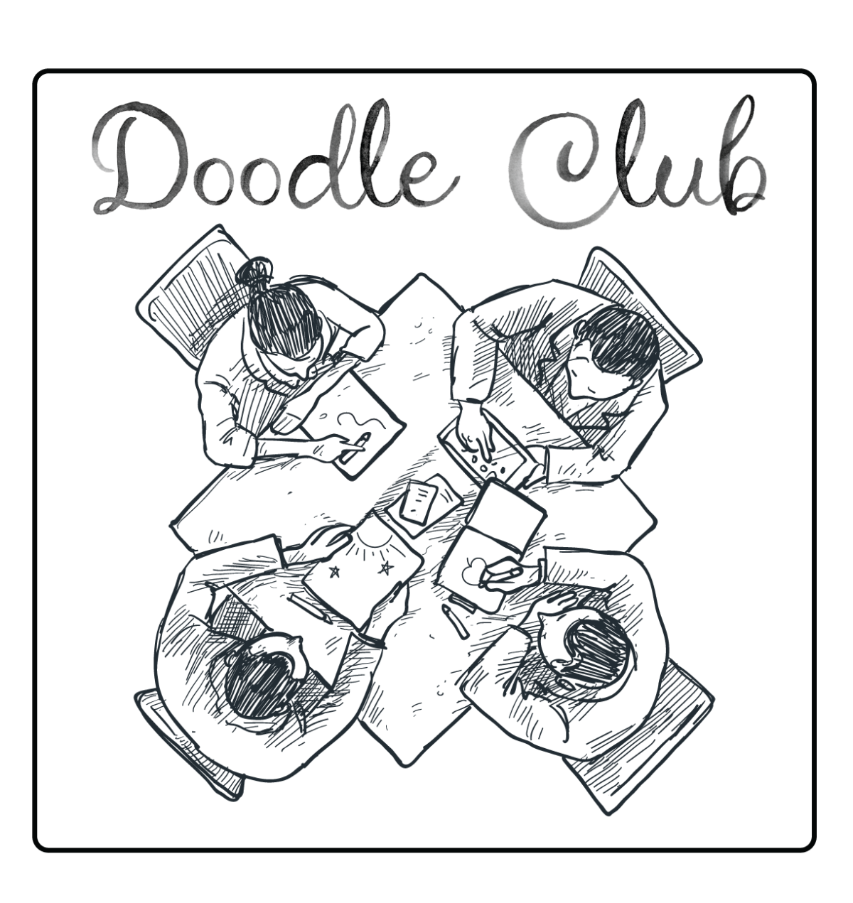 Four people sitting around a table and drawing