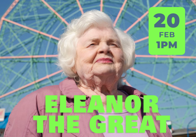 Promotional image of woman in front of large Ferris Wheel.