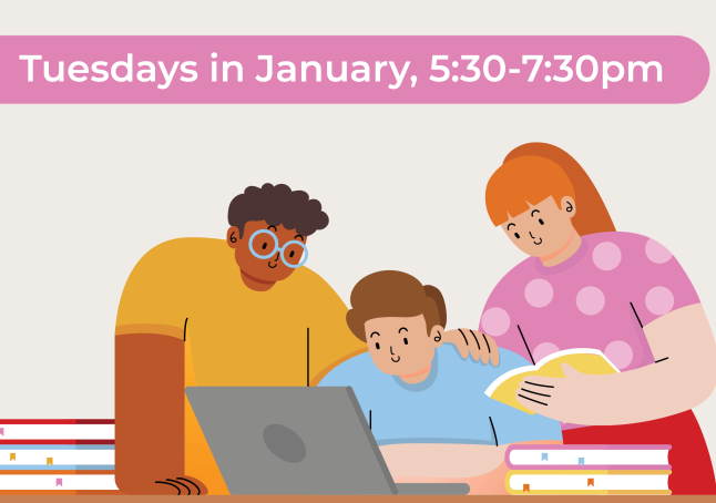 Image of teens and kids looking at a screen together studying surrounded by colorful books for a Study Buddy Homework Center program at phpl, Prospect Heights Public Library, Youth