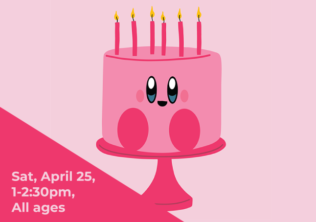 Kirby as a birthday cake illustration with candles.