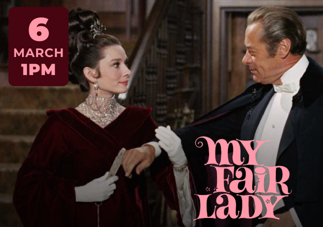 Film still of Audrey Hepburn and Rex Harrison looking at each other.