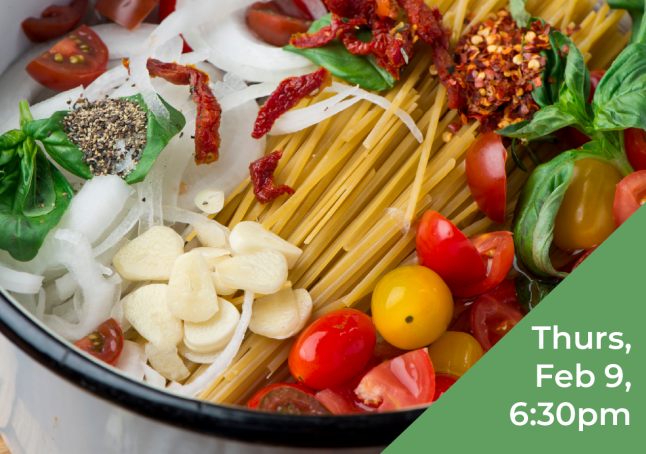 Image of a pot with pasta and tomatoes and herbs all tossed in together ready to be cooked as a representation of an upcoming event for one-pot winter meals being held at phpl, Prospect Heights Public Library, Adult