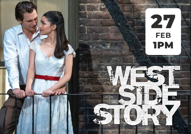 Film still of man and woman looking at each other on a fire escape.